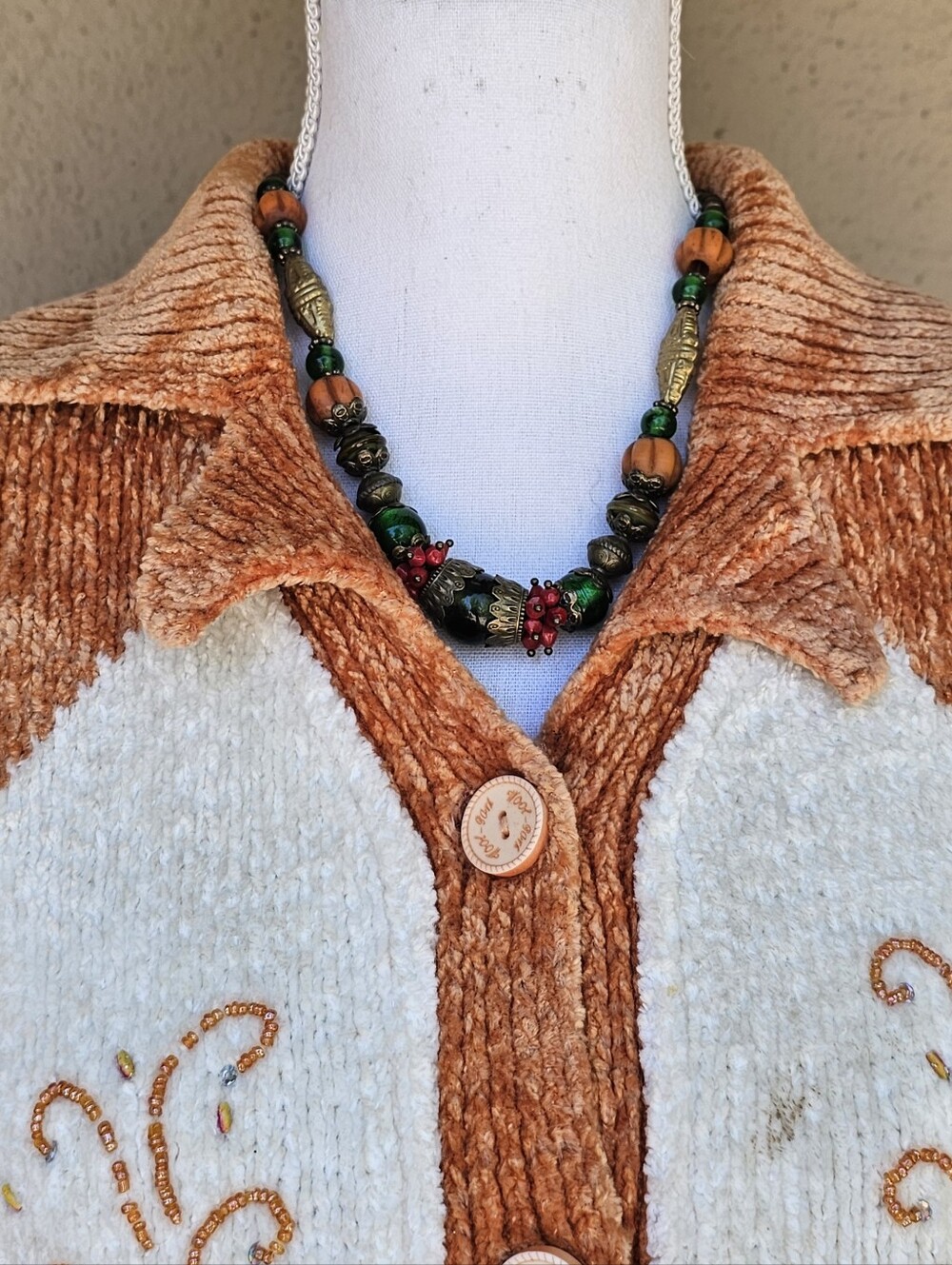 Chunky bohemian Vintage Bronze, Glass & Wood Beaded Fall Maximalist Necklace